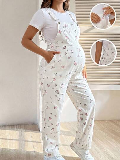 SHEIN Bộ áo liền quần họa tiết hoa nhí dành cho bà bầu