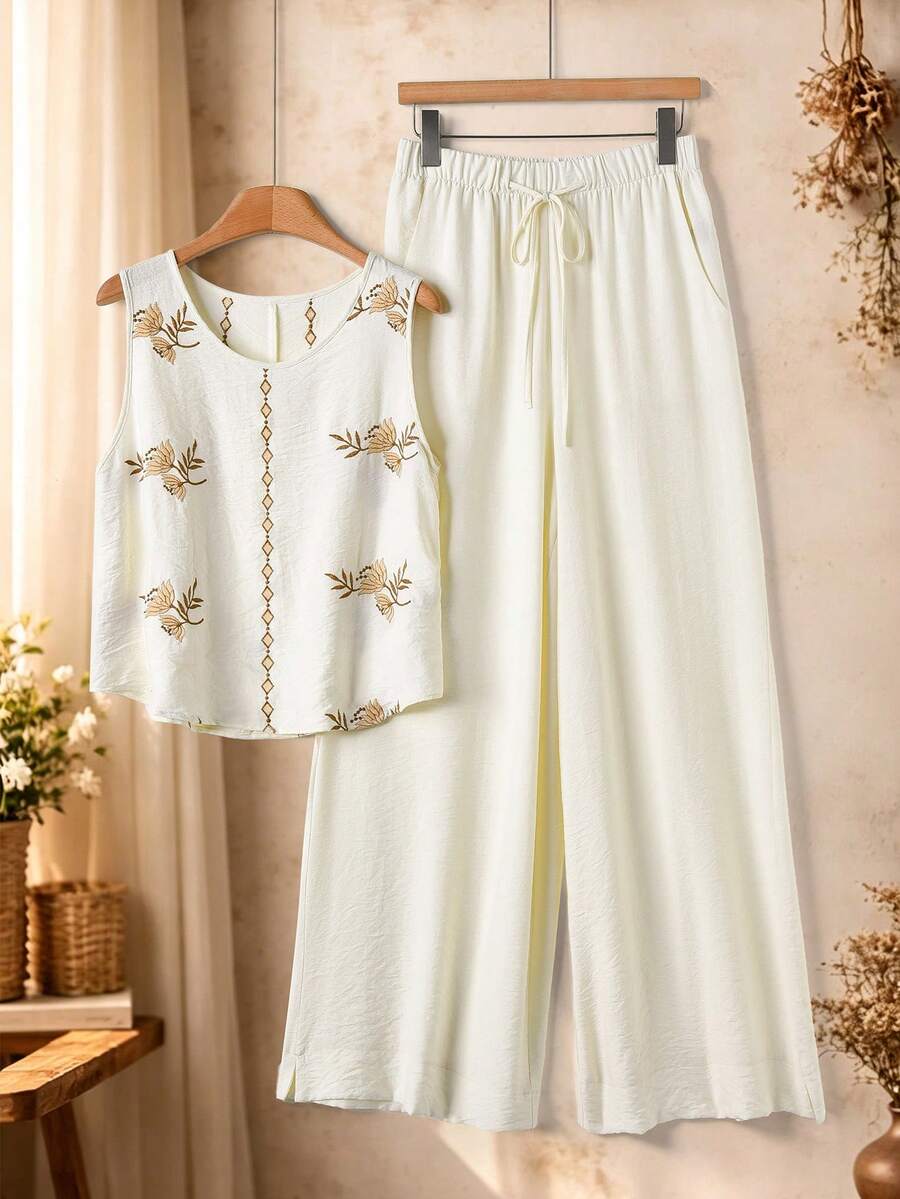 Rusticease 2pcs Women Floral Embroidery Round Neck Tank Top And Drawstring Waist Pocket Pants Set - Apricot - View 1