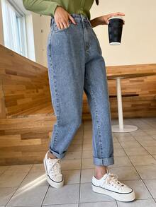 DAZY Women's Solid Color Slant Pocket Casual Daily Jeans Petite - Blue - View 5