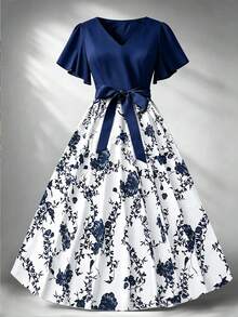 Franclia 大尺碼女款印花對比色休閒 1960 年代優雅洋裝，收腰蝴蝶結 V 領花卉印花，海軍藍，適合婚禮、夏季早午餐派對 - 藏蓝色 - 查看 1