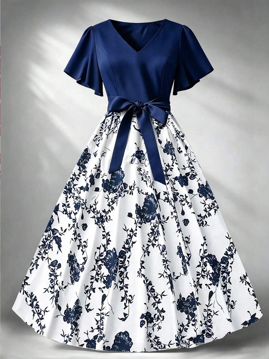 Franclia 大尺碼女款印花對比色休閒 1960 年代優雅洋裝,收腰蝴蝶結 V 領花卉印花,海軍藍,適合婚禮、夏季早午餐派對 - 藏蓝色 - 查看 1