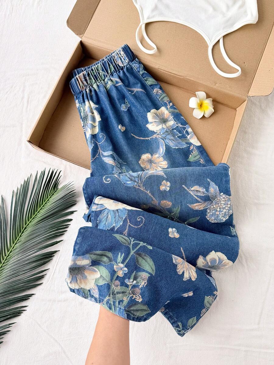 Comfortcana 女款休閒花卉印花百搭牛仔褲,適合夏季、節慶、海灘度假、鄉村音樂會,藍色 - 中等水洗藍 - 查看 1
