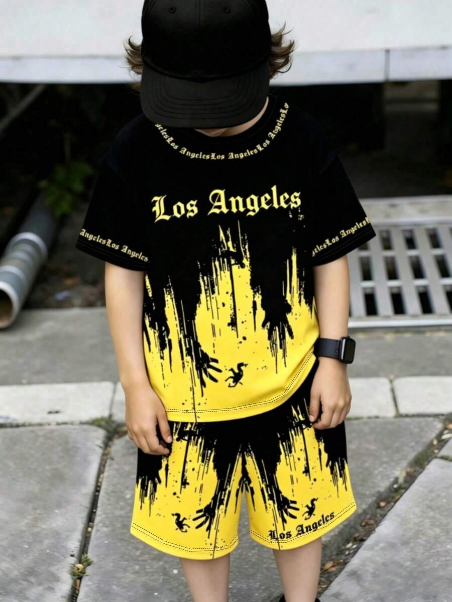 两件套幼儿男童休闲洛杉矶渐变字母印花短袖T恤和短裤,舒适夏季套装 - 彩色 - 查看 1