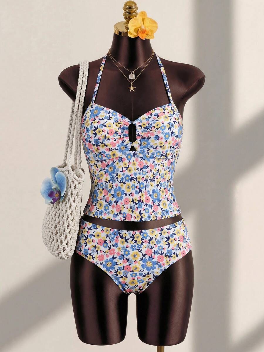 SHEIN Bộ đồ bơi 2 mảnh gồm áo tankini cổ yếm họa tiết hoa nhí cho bé gái và thiếu niên, có khóa kim loại trang trí, kiểu dáng ngọt ngào và thời trang, phù hợp cho nhiều dịp, xuân/hè, đi biển, bộ đồ bơi trẻ em, kỳ nghỉ hè. - Màu xanh lam - Xem 1