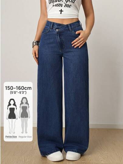 SHEIN PETITE Women's Cross Waist Wide Leg Denim Pants, Casual Summer Elegant & Everyday Outfits For Women Women's Thick Denim Wide Leg Pants With Oblique Placket, Blue