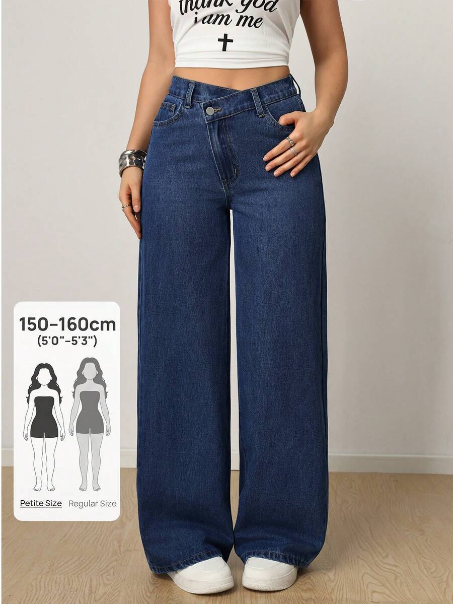 SHEIN PETITE Quần jean ống rộng cạp chéo dành cho nữ, trang phục thường ngày thanh lịch và thoải mái cho mùa hè. Quần jean ống rộng dày dặn cạp chéo dành cho nữ, màu xanh dương. - Màu xanh lam - Xem 1