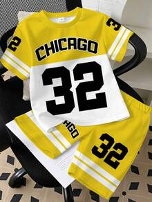 两件套男童美式篮球服套装，黄白撞色设计，CHICAGO32 印花，短袖上衣和短裤，运动休闲街头风，适合上学、运动、日常穿着、暑假等场合。 - 彩色 - 查看 6
