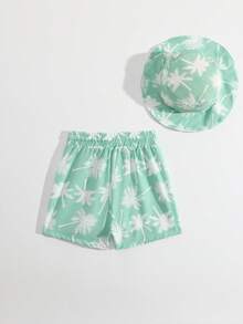 幼儿男童椰子树印花无袖泳衣套装（含帽子），两件套，度假风 - 綠色 - 查看 2