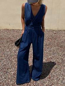 Livesso Pantalones casuales azul desgastado para mujer, de estilo casual de negocios suelto, jeans de pierna recta y ancha, petos y monos para primavera/verano - Azul lavado oscuro - Ver 8