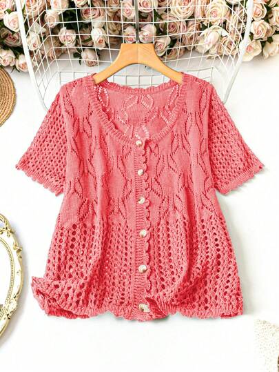 Linhara Plus Size Women Solid Color Knitted Round Neck Hollow Out Single-Breasted Short Sleeve Cropped Casual Lightweight Cardigan, Spring/Summer