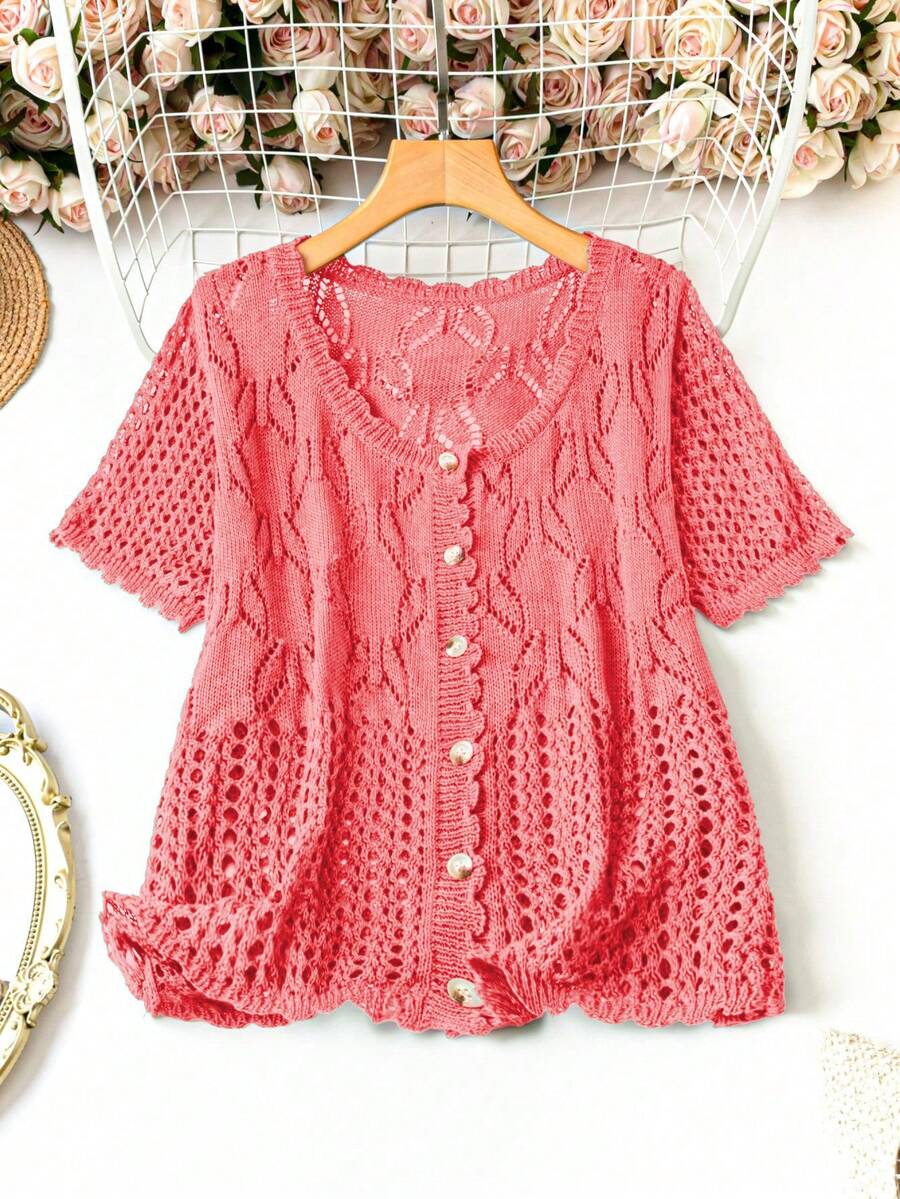 Linhara Plus Size Women Solid Color Knitted Round Neck Hollow Out Single-Breasted Short Sleeve Cropped Casual Lightweight Cardigan, Spring/Summer - Watermelon Pink - View 1