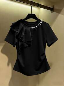 GlowEve CURVE Plus Size Rhinestone Inlaid Mesh Patchwork Round Neck T-Shirt, Waist Cinched Slim Fit, Spring Top - Black - View 3