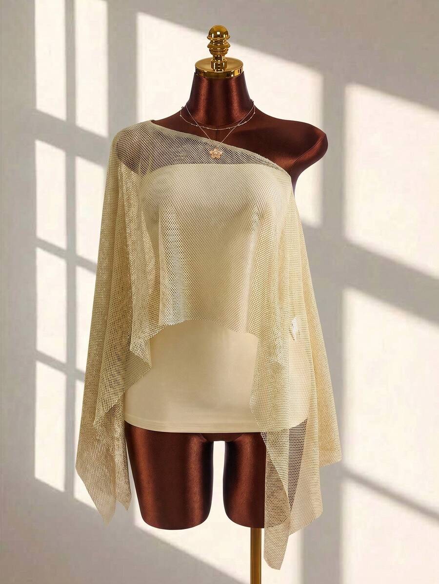 Mistrie Elegant Beige Summer Party Two Pieces Set For Ladies,Golden Mesh Wrap Top And Fitted Halter Dress For Music Festivals,Graduation And Beach Vacations - Khaki - View 1