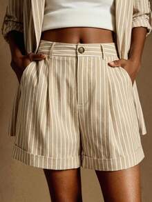 EMERY ROSE Women's Fashion Versatile Beige Pocket Button Casual Shorts Holiday Vacation Summer - Khaki - View 1