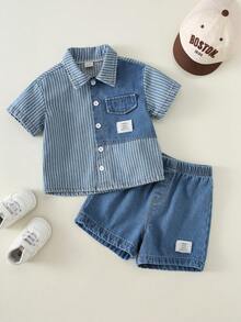SHEIN 2pcs Baby Boy Summer Casual Korean Style Striped Denim Shirt & Denim Shorts Set, Color Block Outfit - Multicolor - View 4