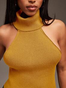 Denimoi Maglione con collo alto, senza maniche, con anello a O, top a canotta, top a maglia, top senza schienale, maglione a collo alto - Giallo Senape - Visualizzare 5