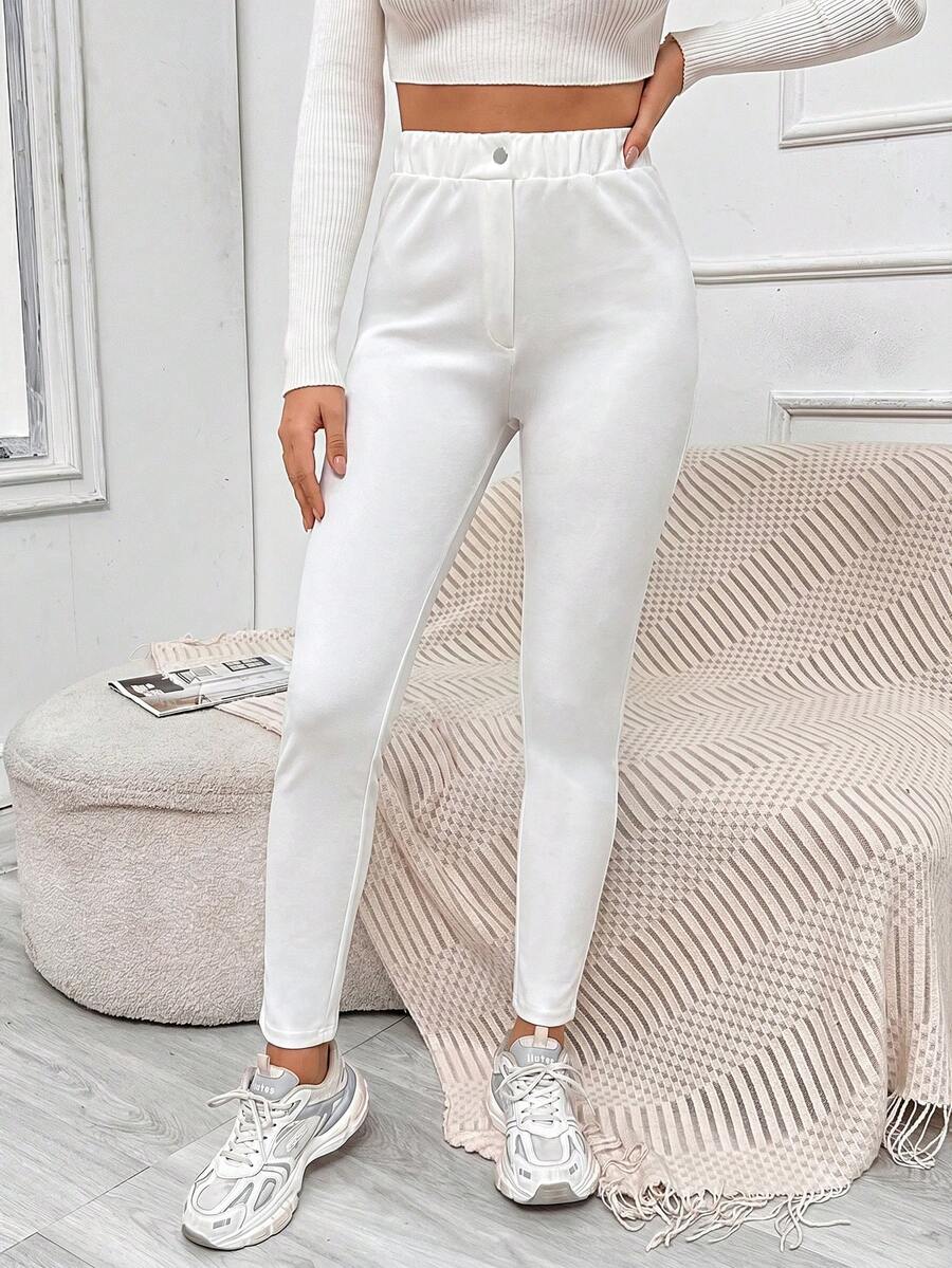 SHEIN Solid Elastic Waist Skinny Pants School White Autumn Casual Basic