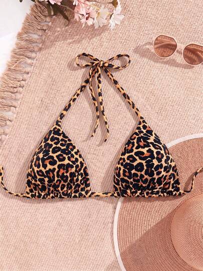 Swim Vcay Áo bikini gợi cảm buộc dây phía trước dành cho nữ cỡ lớn mùa hè, họa tiết da báo.