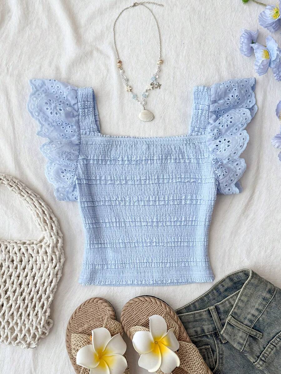 Áo tank top hai dây màu xanh dương trơn, chất liệu dệt kim, có họa tiết ren, dành cho bé gái/thiếu niên, kiểu dáng tối giản, thoải mái, cổ vuông, tay ngắn, thích hợp cho mùa xuân/hè. - Màu xanh lam - Xem 1