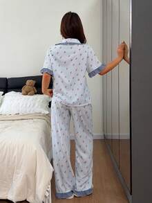 Napfluff Blue Striped & Cherry Print Patchwork Contrast Color Lapel Short Sleeve Pajama Set For Women - Blue - View 2