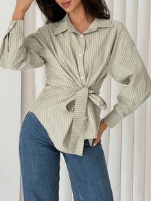 DAZY Camisa a rayas con cintura ceñida asimétrica para mujer, blusa de lino elegante de manga larga para ir a trabajar, primavera y verano - Verde - Ver 9