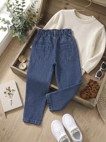 SHEIN Cô gái trẻ giản dị Boho Daily Dark Wash Bìa mềm có túi phẳng eo Quần jean mẹ - Rửa tối - Xem 2