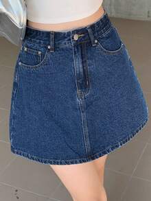 DAZY Chân váy denim ngắn cạp cao tối giản dành cho nữ, thích hợp mặc hàng ngày đi làm, mùa hè. - Màu xanh lam - Xem 4