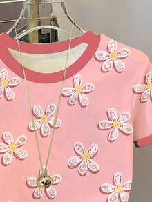 Young Girl Casual Cute Sweet Polka Dot Daisy Floral Pattern, Ballet Pink, Round Neck Short Sleeve T-Shirt Suitable For Summer - Multicolor - View 5