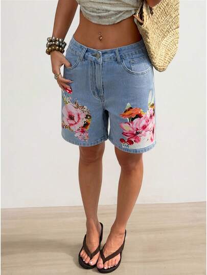 Jeanoix Y2K Women's Spring/Summer Casual Vacation Floral & Cherry Print Blue Pocket 5-Inch Denim Shorts