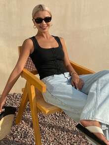 DAZY Women's Square Neck Fitted Ribbed Camisole Top, Summer Top - Black - View 4