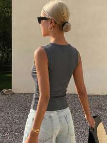 DAZY Women's Square Neck Fitted Ribbed Camisole Top, Summer - Dark Grey - View 4