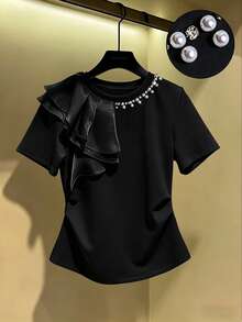 GlowEve CURVE Plus Size Rhinestone Inlaid Mesh Patchwork Round Neck T-Shirt, Waist Cinched Slim Fit, Spring Top - Black - View 4