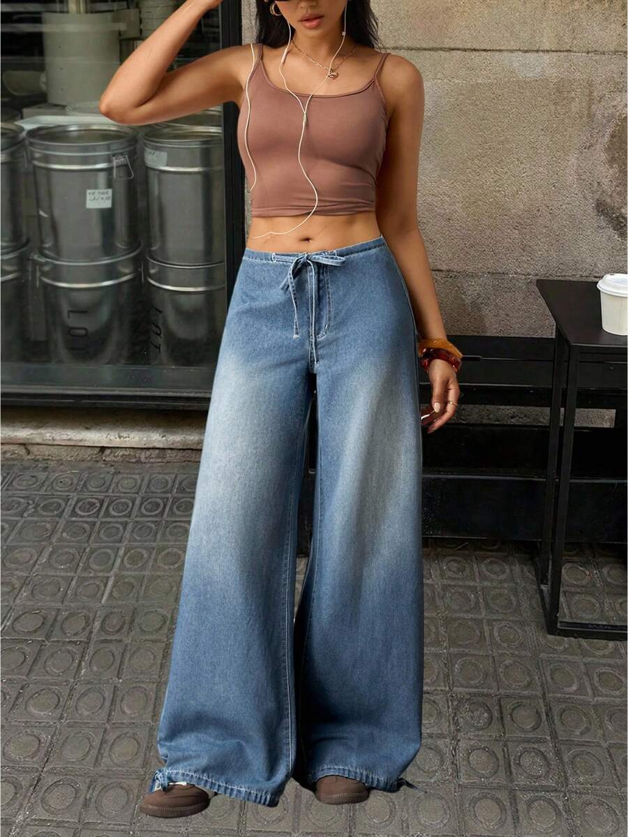 Flexra Quần jeans ống rộng nữ, cạp chun, kiểu dáng thường ngày, đa năng, thích hợp mặc hàng ngày. - Rửa nhẹ - Xem 1