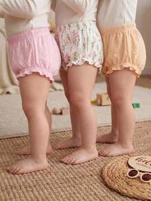 SHEIN 3pcs Baby Girl Knitted Casual Solid Color Elastic Waist Triangle Briefs - Multicolor - View 3