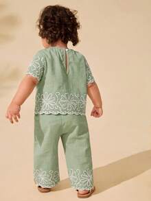 Travachic KIDS Set 2pcs Baju Bayi Perempuan Tenun Warna Polos Bordir Leher Bulat dan Celana Kasual Longgar - Mint Green - View 2