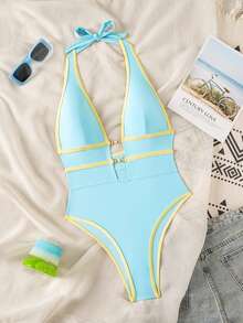 Swim Chiccia Áo tắm liền thân gợi cảm cổ chữ V sâu màu đen SXY dành cho nữ, phong cách lễ hội Boho, thích hợp cho kỳ nghỉ xuân. - Xanh da trời - Xem 2