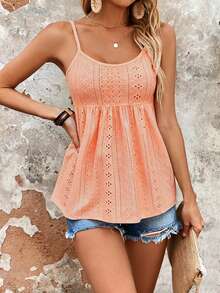 EMERY ROSE Solid Color Hollow Embroidered Casual Sleeveless Tank Top For Summer - Orange - View 3