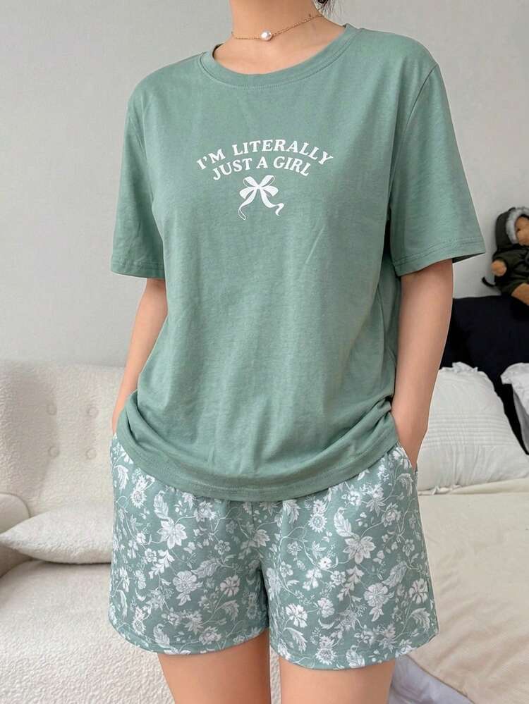 Women's Letter Print Round Neck Short Sleeve Top And Shorts Casual Loungewear Set Summer