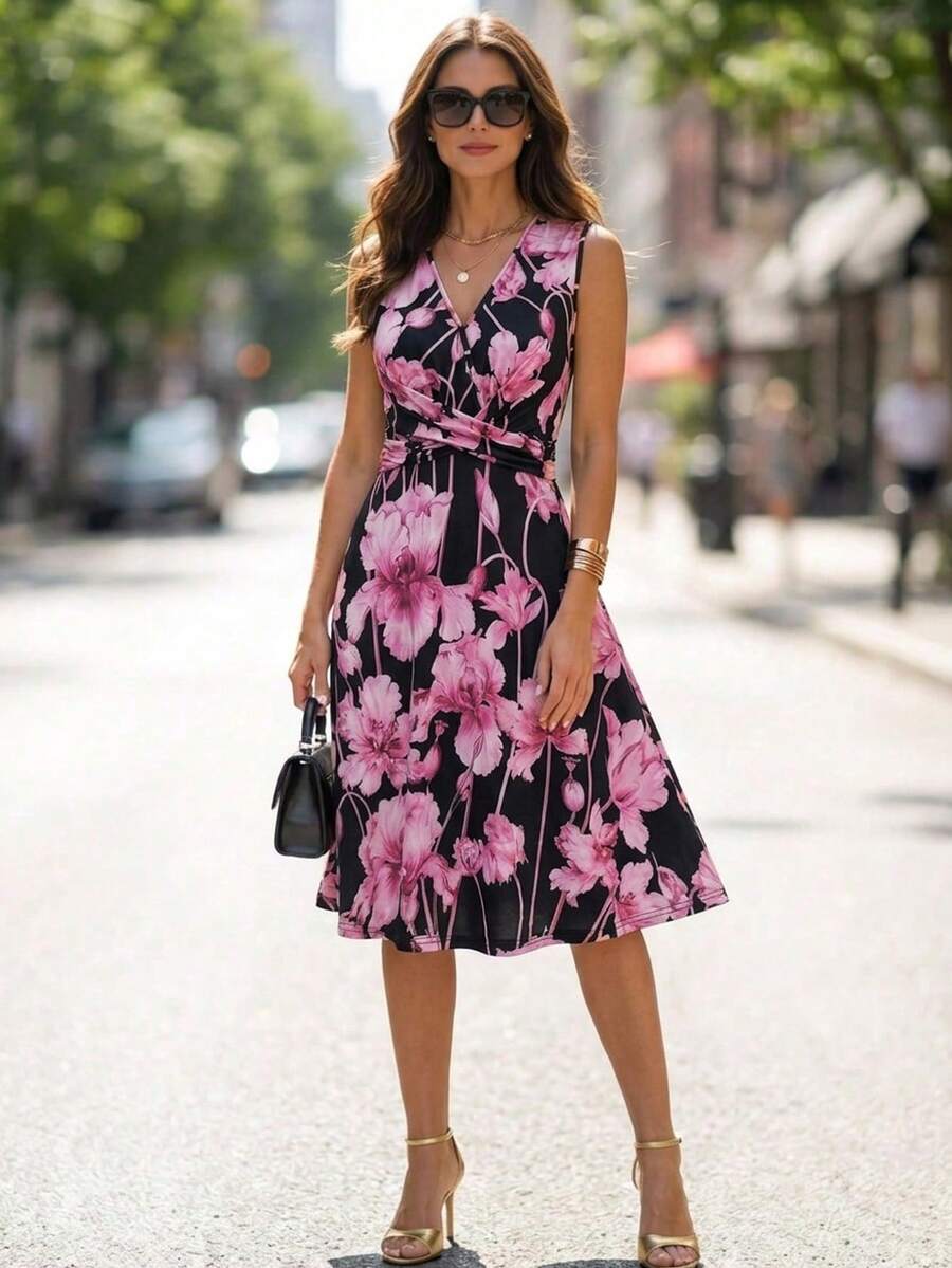 Editum 女款優雅浪漫V領花卉印花針織收腰中長洋裝,適合日常通勤、黑色花卉、夏季早午餐、度假 - 玫紅色 - 查看 1