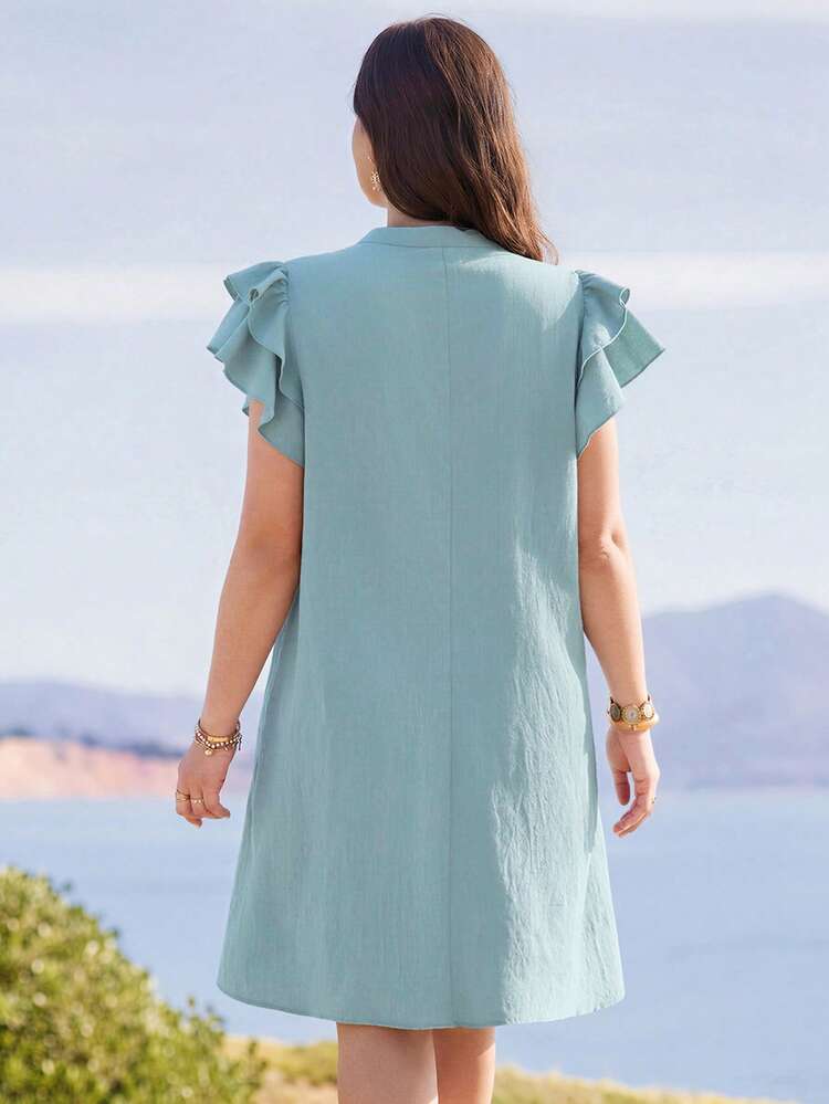 Plus Size Women's Summer Casual Vacation Country  Solid Green Embroidered Hollow-Out Patchwork   Ruffle Short Sleeve  Dress,Suitable For Summer Vacation,Casual Holiday Style,Summer Outfits For Women ,Vacation Outfits Women ,Holiday Outfits For Women,Going Out Outfits, New Clothes,Simple And Fashionable For Everyday Wear,Suitable For Summer, Vacation, Daily Wear, Festival Outfits For Women,Country Concert Outfit,Beach Outfits For Women,Western Style,Flowy Dress,Boho Dress