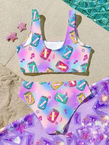 Bộ đồ bơi tankini in hình hoạt hình dành cho bé gái tuổi teen, thích hợp cho kỳ nghỉ hè ở bãi biển, đồ bơi dễ thương, tiệc bể bơi. - Nhiều màu - Xem 2