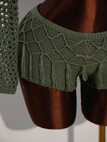 Amplova Conjunto de 2 piezas de suéter corto y sexy de unicolor con mangas acampanadas y calados, y shorts de punto con decoración de flecos para mujer en otoño/invierno - Verde militar - Ver 3
