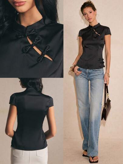 Poéselle Blusa elegante con hebilla Pipa, estilo chino nuevo, para verano