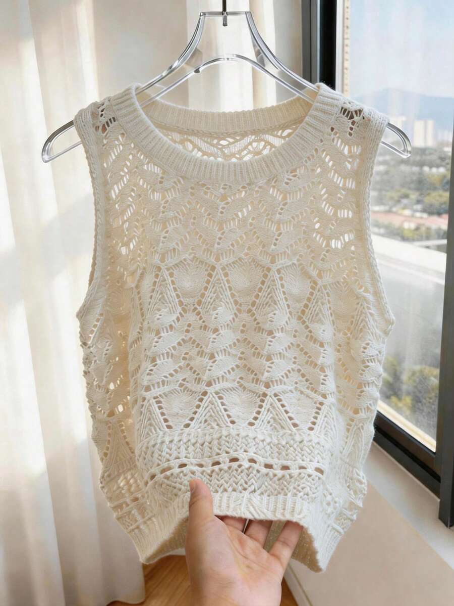 GlowEve Áo vest dệt kim không tay cổ tròn thanh lịch, thiết kế mới mùa xuân/hè dành cho nữ. - Màu be - Xem 1