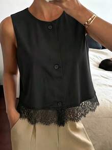 Livesso 女士无袖蕾丝拼接宽松商务休闲背心，时尚办公穿着设计，黑色，春夏款 - 黑色 - 查看 3