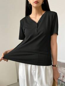 Dazy-Less Solid Rib Knit Button Front Tee Old Money Style Business Casual Woman Work Clothes - Black - View 3