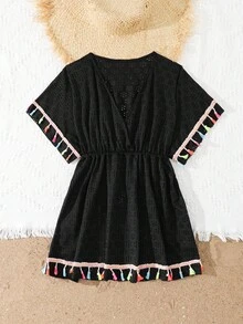SHEIN Conjunto de Capa de Maiô Bikini e Shorts Oversized para Meninas Pré-Adolescentes, Tecido de Malha Leve Preto, Design com Borla, Adequado para Natação, Praia, Resort, Férias de Verão - Preto - Visão 5