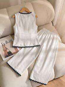 SHEIN 2件套少女编织拼接撞色滚边休闲背心和裤子套装 - 彩色 - 查看 7