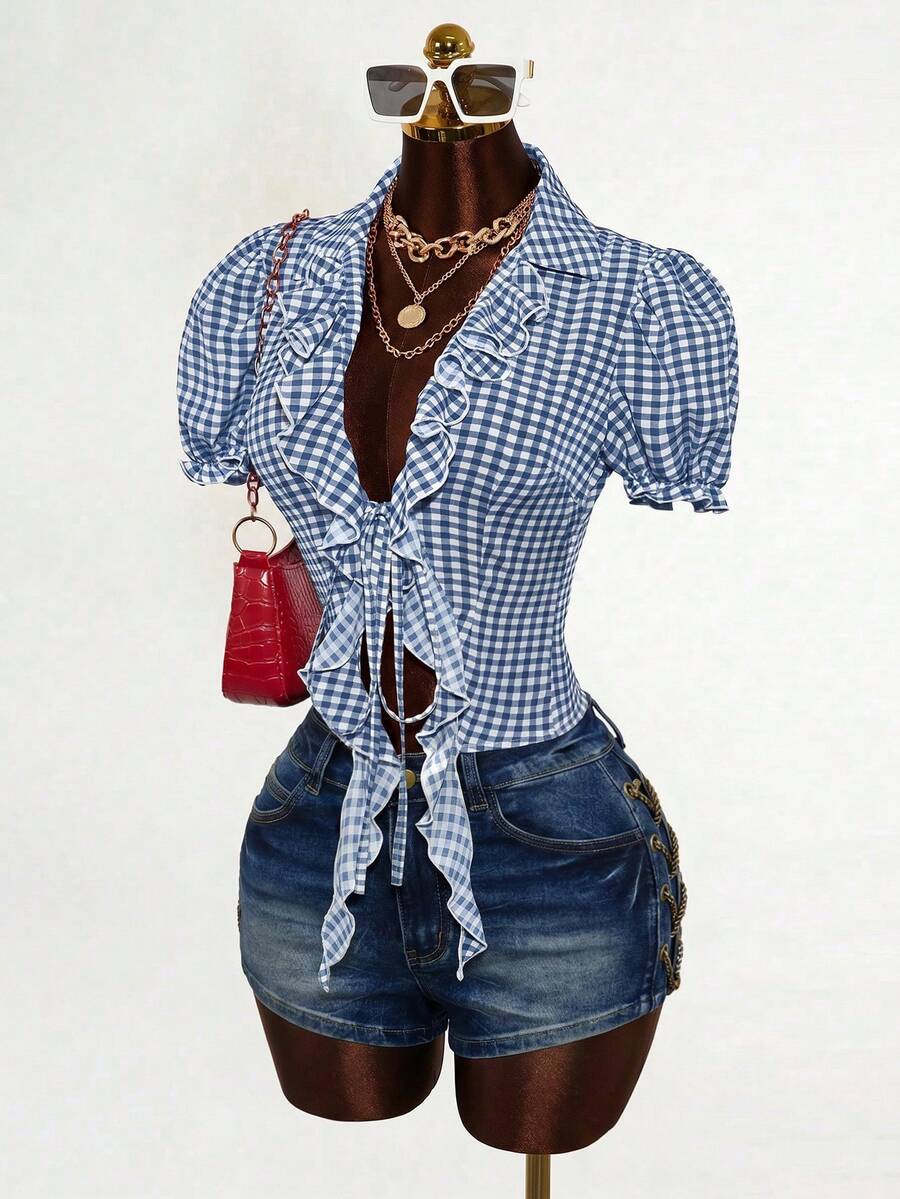 Mistrie Quần short denim nữ kiểu dáng thường ngày, có túi và dây xích bên hông. - Màu xanh lam - Xem 1