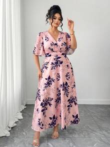 SHEIN Elenzya 大码优雅印花连衣裙，夏季 - 淺粉色 - 查看 7